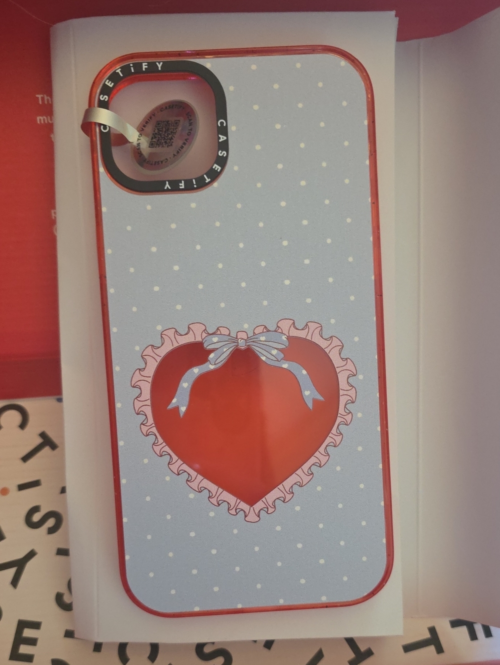 Casetify Red Heart Phone Case with Light Blue Polka Dot Back